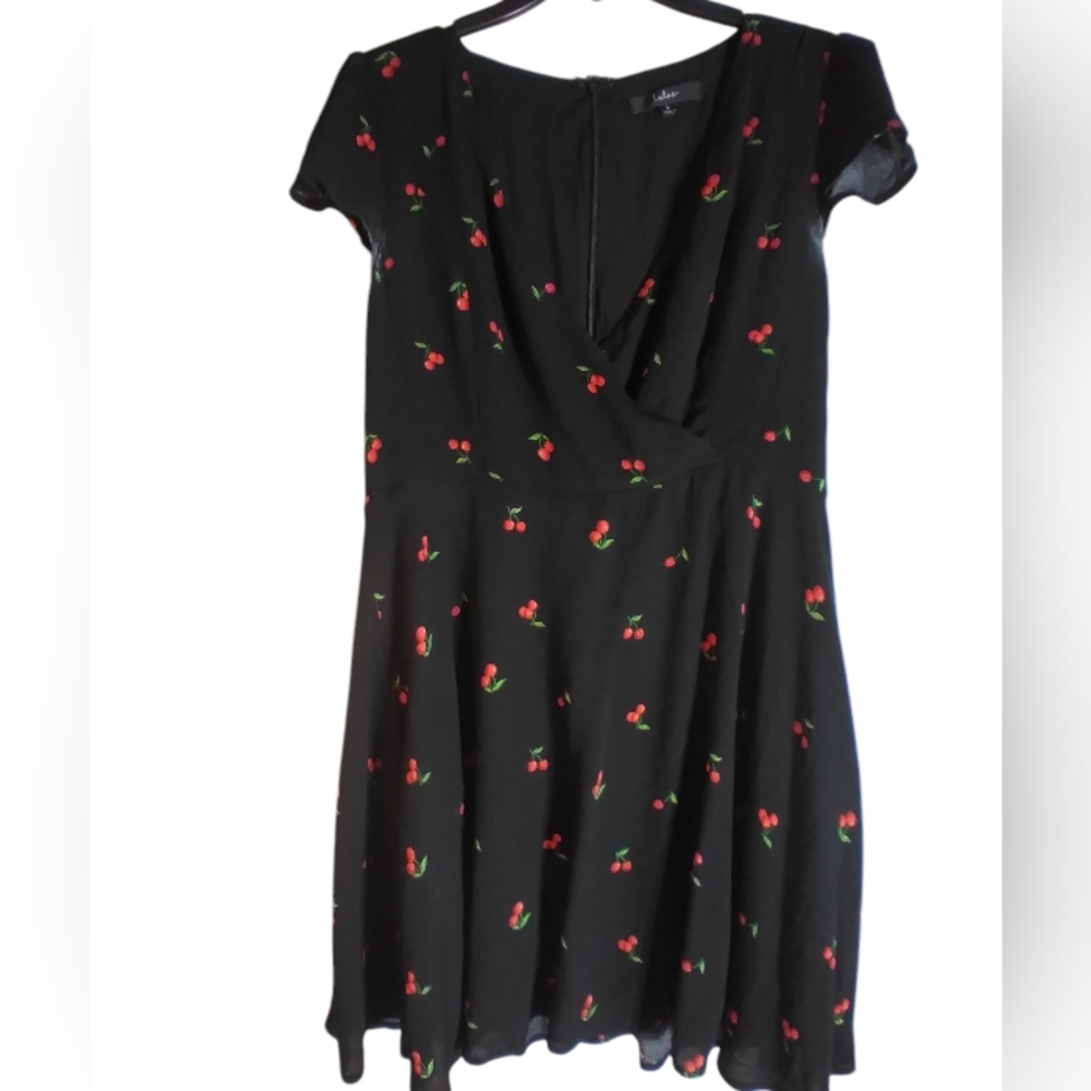 Lulu's Black Mini Dress with Red Cherry Print